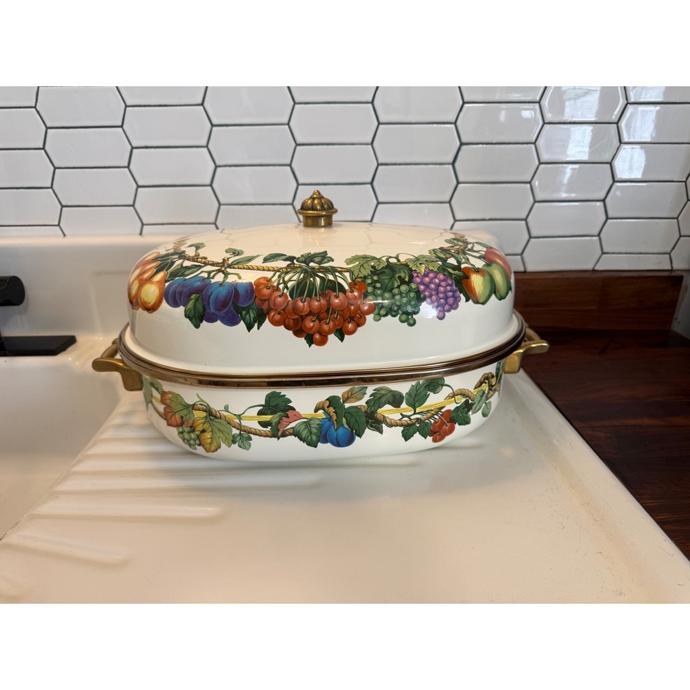 Vintage Fruit Motif Enamelware Roasting‎ Pan with Lid and Rack Brass Handles